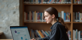 Réussir ses études avec l’outil numérique Touraine E-School Jeune femme concentrée sur son ordinateur dans une bibliothèque moderne