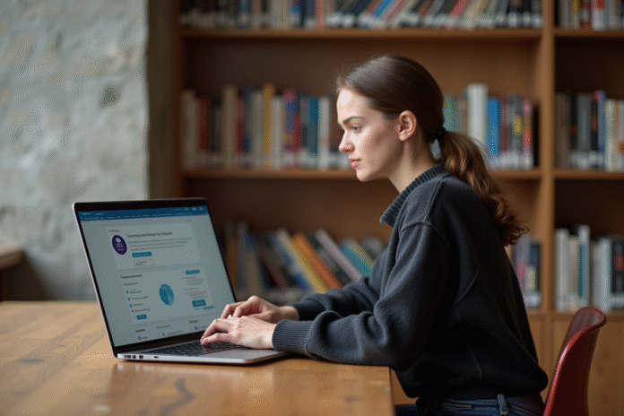 Jeune femme concentrée sur son ordinateur dans une bibliothèque moderne