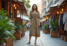 Mode durable : la grande tendance de demain pour des choix éco-responsables ! Jeune femme en robe de chanvre dans un marché urbain