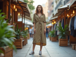 Jeune femme en robe de chanvre dans un marché urbain