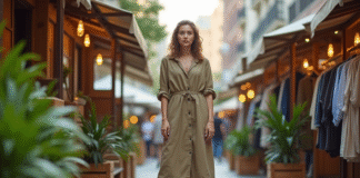 Mode durable : la grande tendance de demain pour des choix éco-responsables ! Jeune femme en robe de chanvre dans un marché urbain