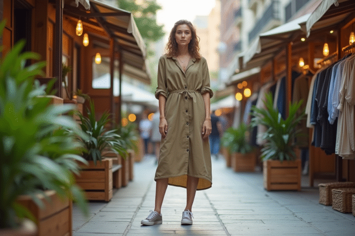 Jeune femme en robe de chanvre dans un marché urbain