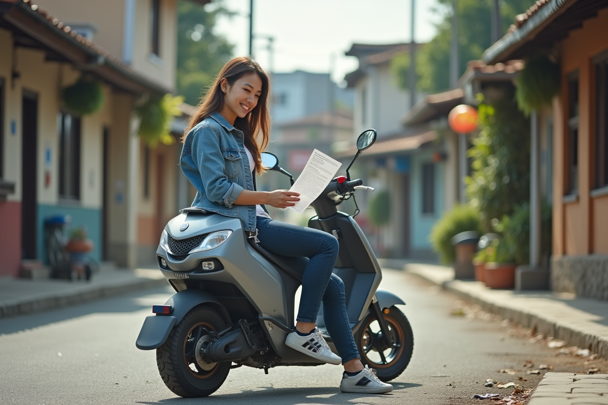 Jeune femme souriante sur moto 50cc dans un village