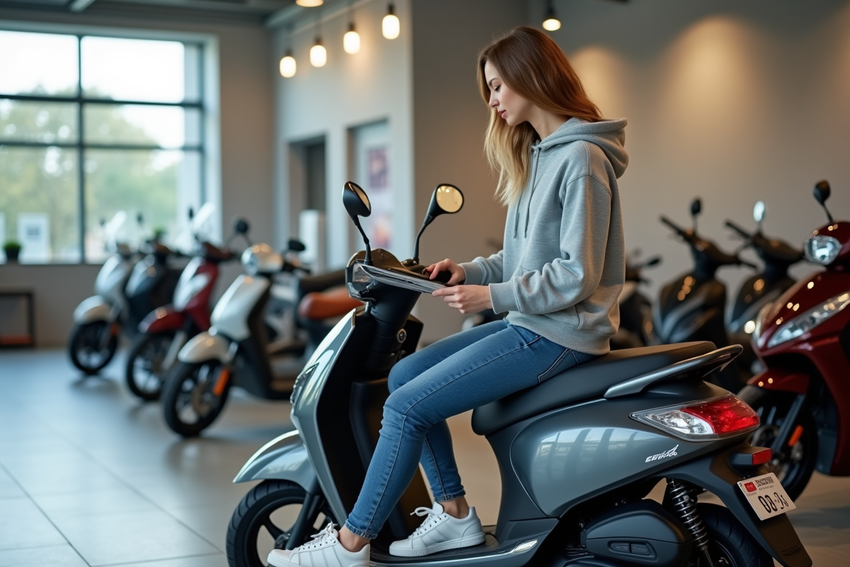 Jeune femme examine un brochure dans un showroom de motos