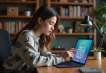 Jeune femme étudiant avec tablette et jeu snake
