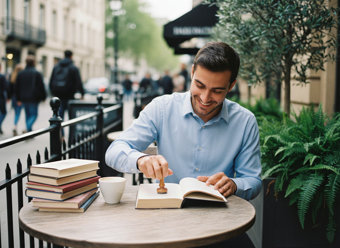 Jeune homme estampant son ex libris au café en extérieur