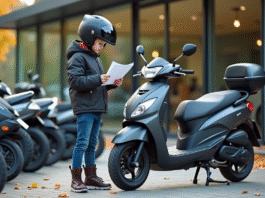 Comment choisir une moto 50 cm³ homologuée Jeune homme avec casque et moto 50cc devant concession