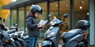 Comment choisir une moto 50 cm³ homologuée Jeune homme avec casque et moto 50cc devant concession