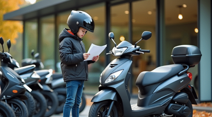 Comment choisir une moto 50 cm³ homologuée Jeune homme avec casque et moto 50cc devant concession