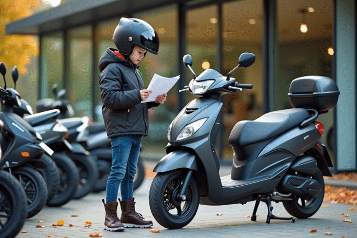 Jeune homme avec casque et moto 50cc devant concession