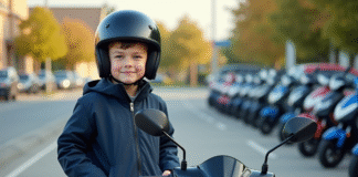 Comment choisir une moto 50 cm³ homologuée Jeune garçon avec casque et veste près d'une moto 50cc neuve