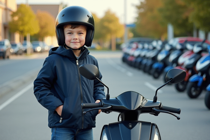 jeune-homme-moto-50cc-dealer Jeune garçon avec casque et veste près d'une moto 50cc neuve