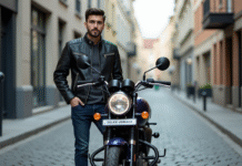 Jeune homme posant à côté d'une moto Avenger 125 en ville