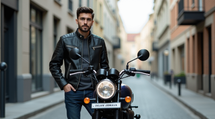 Avenger 125 : découvrez ses caractéristiques techniques Jeune homme posant à côté d'une moto Avenger 125 en ville