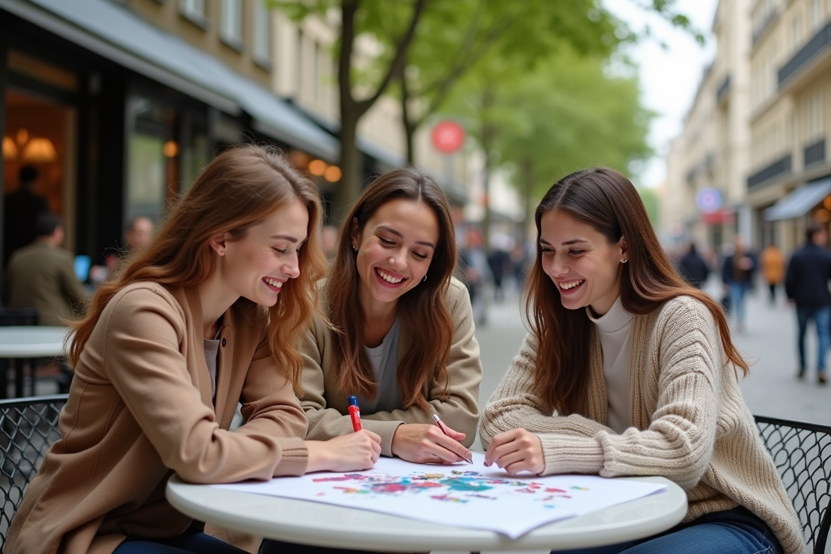Jeunes designers textiles discutant en terrasse parisienne