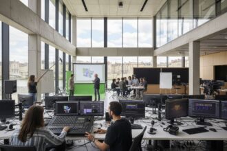 Étudiants en audiovisuel lors d'un cours pratique à Bordeaux