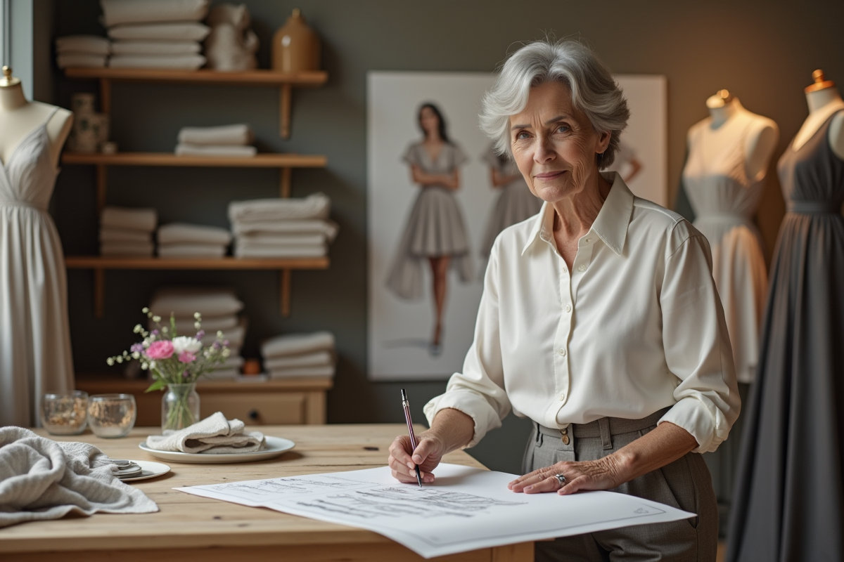 Designer de mode âgée esquissant dans son atelier lumineux