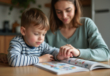 Garçon de 5 ans lisant avec sa mère dans une cuisine chaleureuse