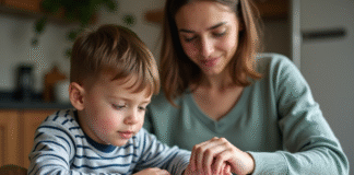 Système immunitaire enfant : pourquoi est-il immature ? Garçon de 5 ans lisant avec sa mère dans une cuisine chaleureuse