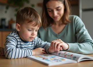 Système immunitaire enfant : pourquoi est-il immature ? Garçon de 5 ans lisant avec sa mère dans une cuisine chaleureuse