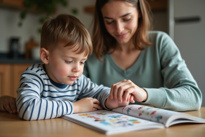 Garçon de 5 ans lisant avec sa mère dans une cuisine chaleureuse