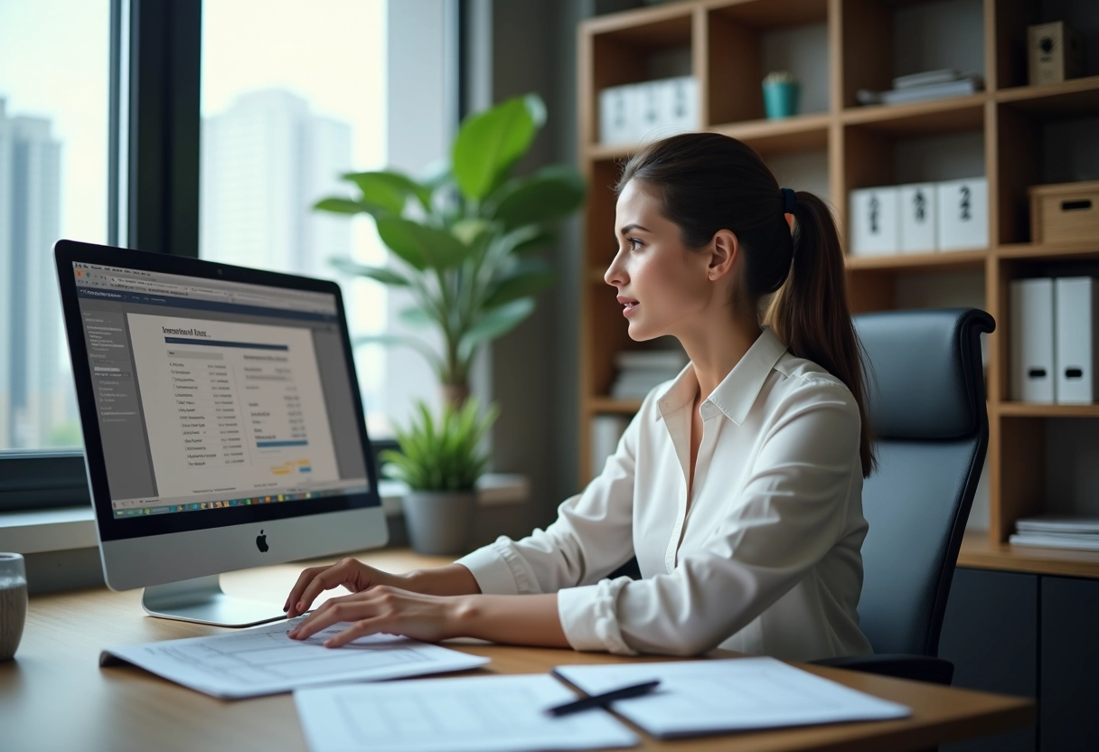 Jeune femme saisissant des chiffres pour sa declaration fiscale