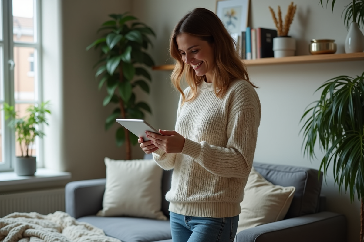 Femme souriante vérifiant des données sur une tablette dans son salon