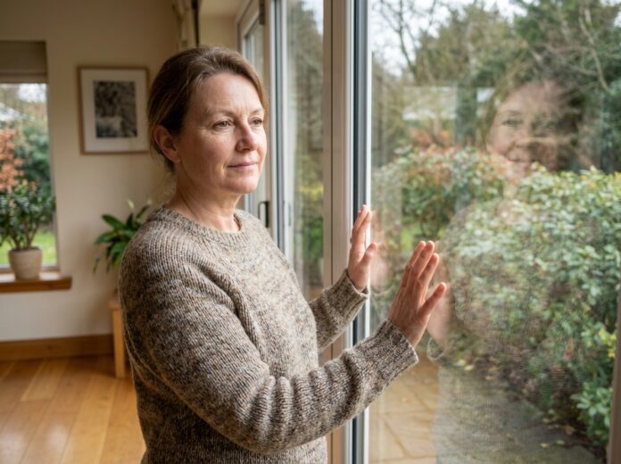 femme-salon-fenetre Femme en sweater regardant par une grande fenetre moderne