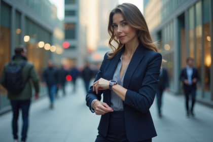 Femme confiante en ville ajustant sa montre