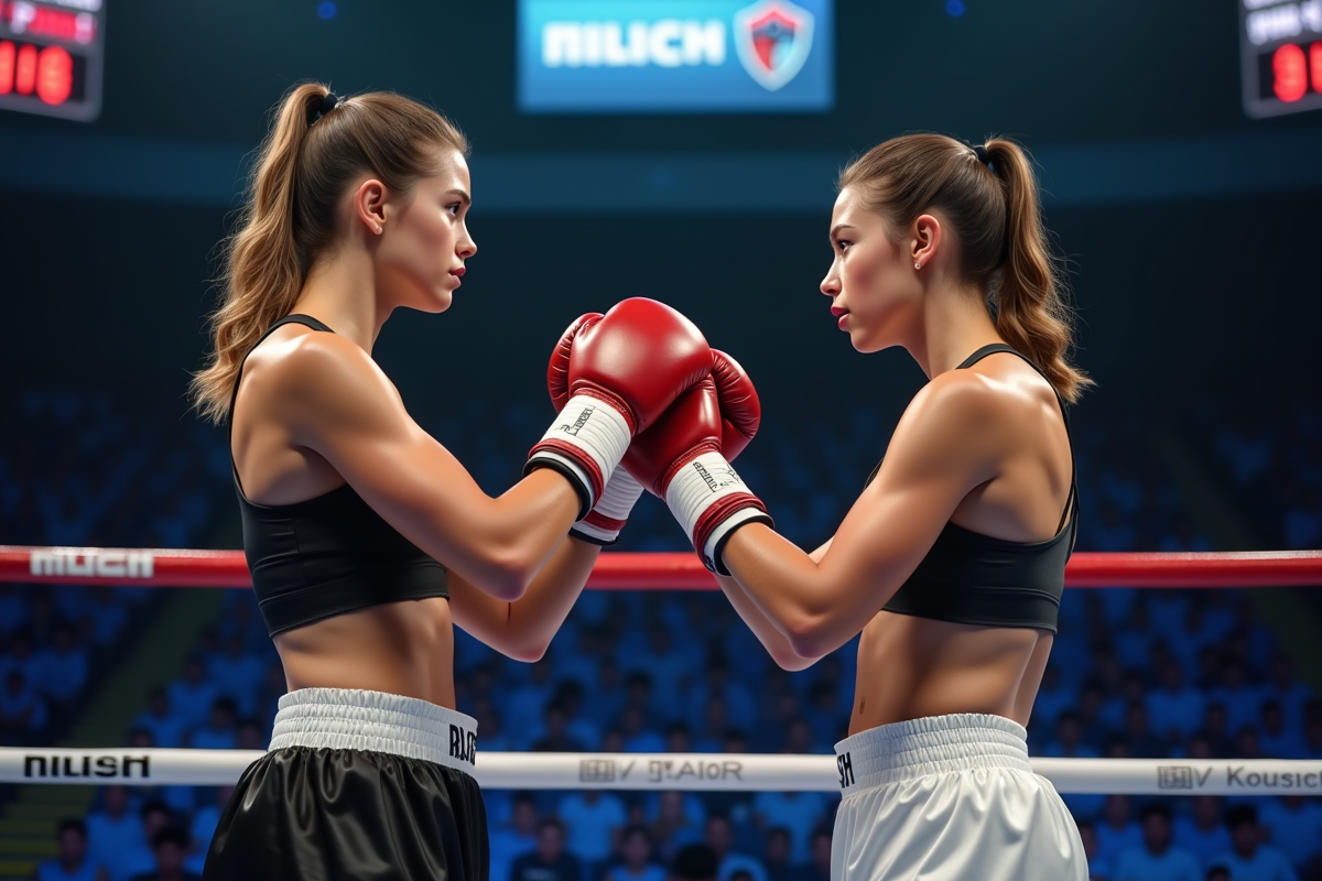 Deux femmes boxeuses se touchant les gants avant le combat