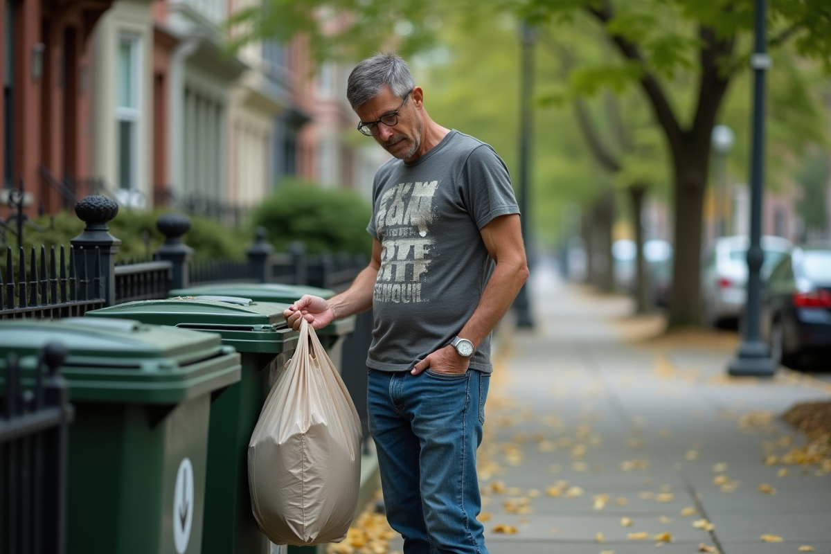 Homme déposé des vêtements dans une benne de dons en ville