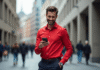 Hommes : Couleur qui attire le plus ? Secrets révélés ! Homme élégant en chemise rouge dans une ville animée