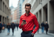 Hommes : Couleur qui attire le plus ? Secrets révélés ! Homme élégant en chemise rouge dans une ville animée