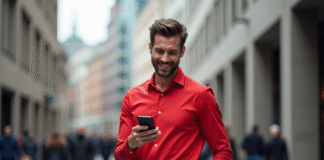 Hommes : Couleur qui attire le plus ? Secrets révélés ! Homme élégant en chemise rouge dans une ville animée