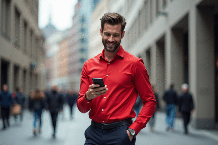 homme-mode-ville-rouge Homme élégant en chemise rouge dans une ville animée