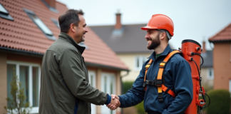 Comment sélectionner une entreprise experte en nettoyage de toiture sans commettre d’erreur? Homme d'âge moyen serrant la main d'un nettoyeur de toit professionnel