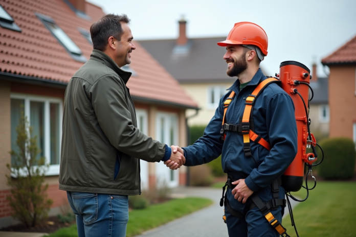 Homme d'âge moyen serrant la main d'un nettoyeur de toit professionnel