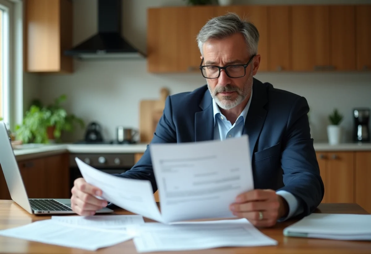 Homme d'âge moyen vérifiant documents de location à la maison