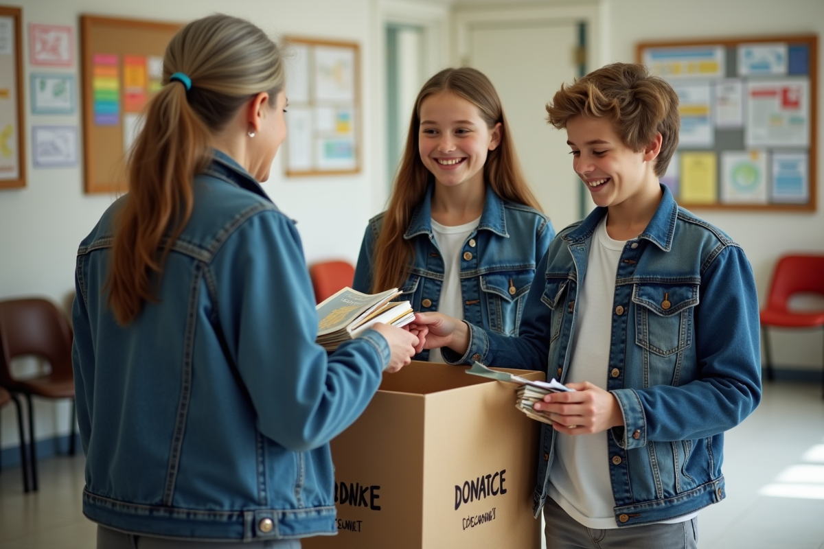 Jeune fille et garçon distribuant des livres à une personne âgée