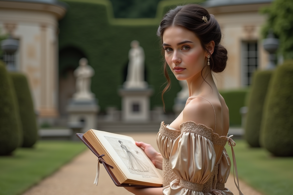 Jeune femme en robe élégante tenant un croquis ancien