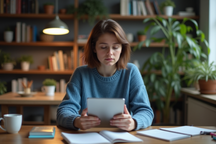 Jeune femme assise avec tablette dans un appartement cosy