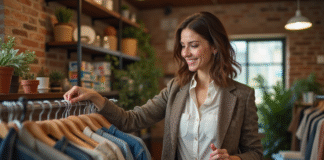 Vêtements d’occasion : bonne ou mauvaise idée pour l’environnement ? Jeune femme souriante inspectant des vêtements d'occasion dans une boutique