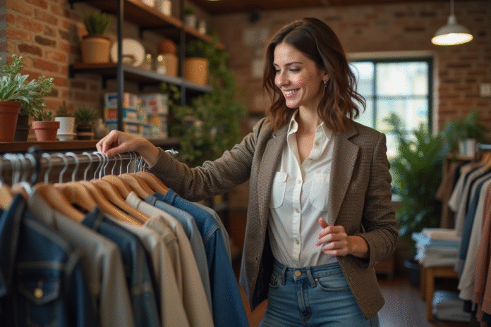 jeune-femme-vetements-seconde-main Jeune femme souriante inspectant des vêtements d'occasion dans une boutique