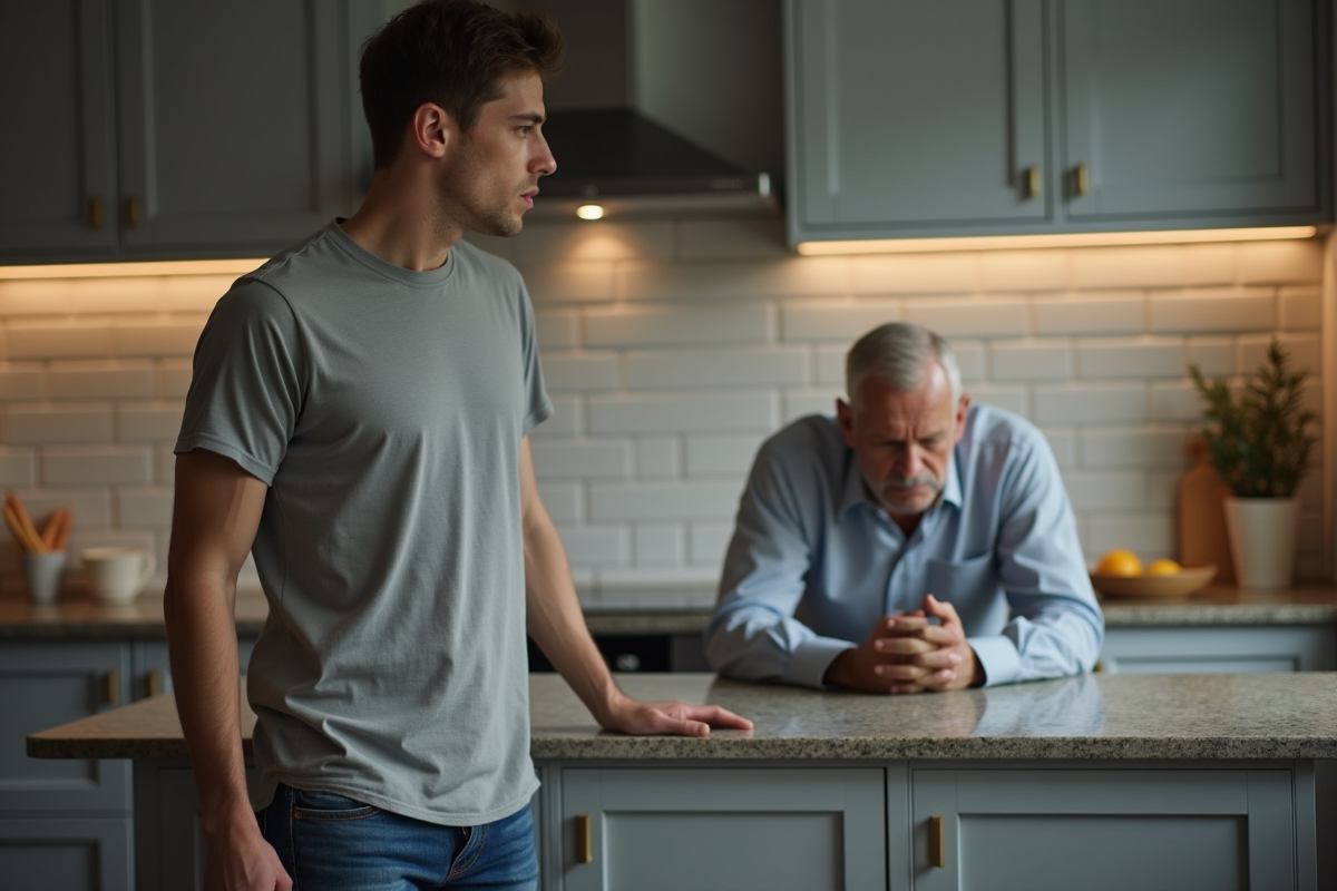 Jeune homme dans une cuisine en tension avec son père
