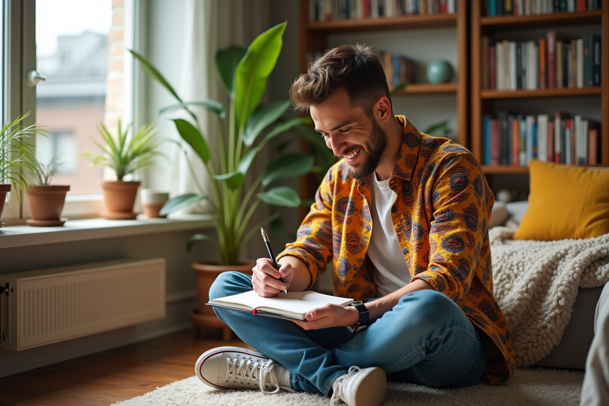 Jeune homme créatif dessinant dans son appartement
