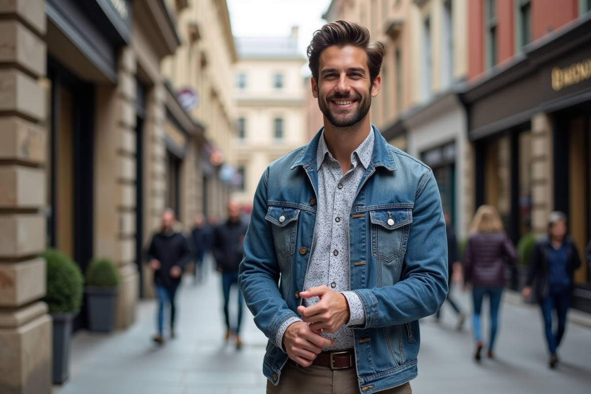 Jeune homme en street style dans la ville animée