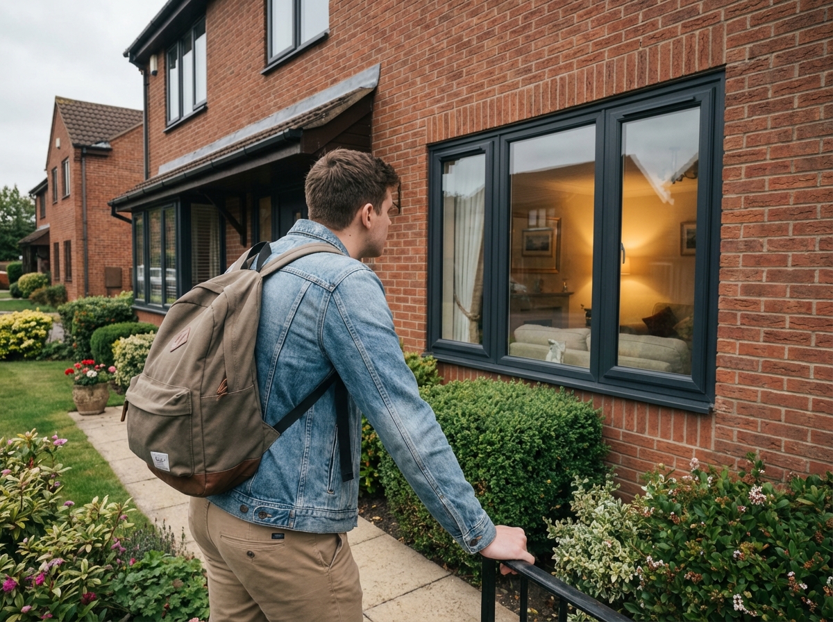 Jeune homme examine une fenetre double vitrage depuis le jardin