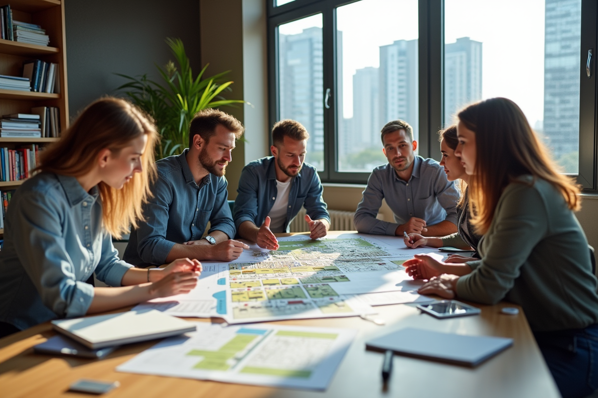 Jeunes architectes discutant autour de maquettes en intérieur