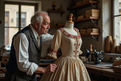 Tailleur âgé examinant une robe vintage du 19e siècle