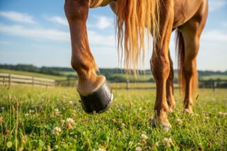 Cheval au pré avec des sabots sains et bien entretenus